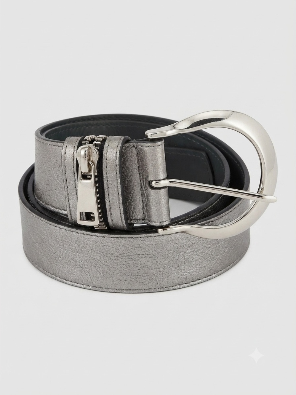 Pelletteria G4 Made in Italy Metallic Gray Leather Zipper Belt Silver Hardware